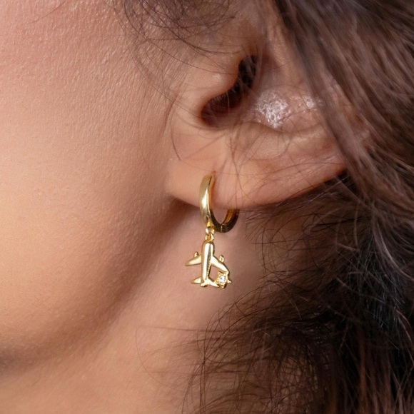 925 Sterling Silver & 18 K Gold Planet and Airplane Earrings - Picture 3 of 4